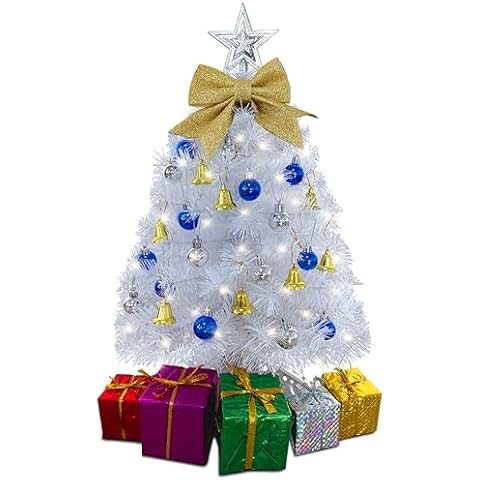 Small White Christmas Tree with Lights - 23 Inch Mini Tabletop Christmas Tree with Warm-White LED Lights, Hanging Ornaments, Decorative Bow and Gift Boxes - Table Tree for DIY Christmas Decoration Cover