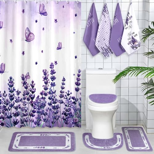 Peryiter 21 Pcs Lavender Bathroom Sets Purple Shower Curtain and Rugs Purple Bathroom Set 4 Bath Towels 2 Non-Slip Rugs U-Shaped Toilet Mat & Cover Lavender Decor for for Home Decor