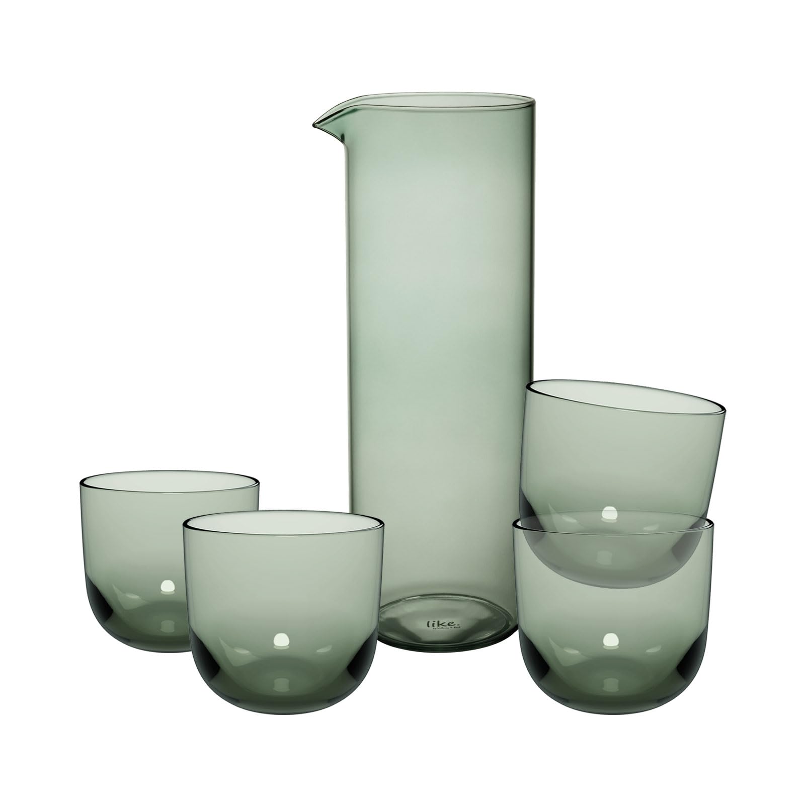 like. by Villeroy & Boch – Like Sage Trinkgläser mit Karaffe Set 5-teilig | Handgefertigte Wasserkaraffe/Saftkrug (1 Liter) und 4x Wasserbecher (280 ml), Kristallglas, Spülmaschinenfest