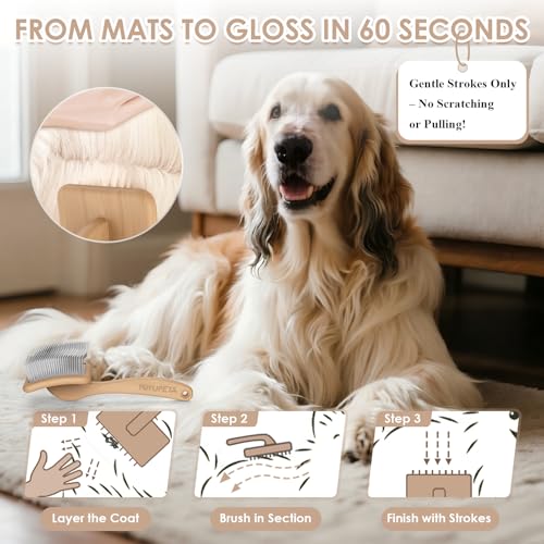 Image of Large Dog 3 in 1 Grooming Kit, Extra Long Pin Dog Slicker Brush | Ideal for Goldendoodles, Poodles; wooden handle; undercoat rake; removing thick mats; tangle deshedding.
