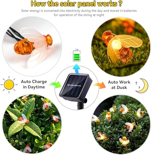 Image of XERGY Solar String Lights Waterproof 30 LED 8 Mode Cute Bee Lights Outdoor Lights Starry Fairy Lights,Wedding Home Gardens Patio Party Christmas Tree Decor(Warm White)