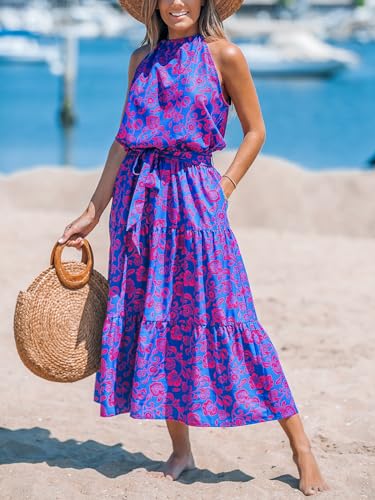 Image of CUPSHE Women's Midi Dress Halter Floral Sleeveless Belted Ruffled A Line Casual Summer Dress