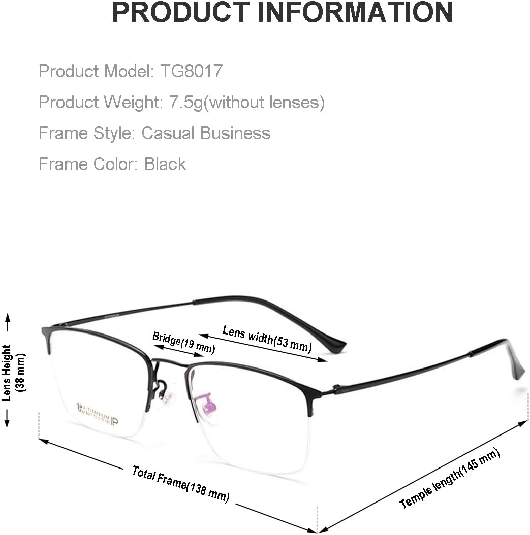 Titanium Semi Rimless Prescription Glasses Frame For Men,Ultra Lightweight Optical Eyewear Frames Demo Lens 53mm - Image 2