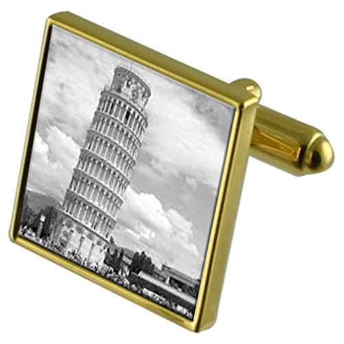 Gemelos de la Torre de Pisa dorados de alta joyería y pasador de corbata con cristal