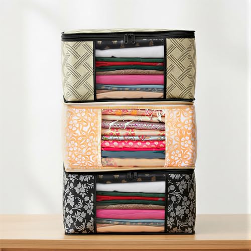 Image of Non-Woven Wardrobe Organizer Bags (Set of 3, Multicolor) | Heavy-Duty Strong Zipper Clothes Storage Covers | Foldable Dust-Proof Closet & Bedroom Organizer for Sarees, Blankets & Seasonal Garments