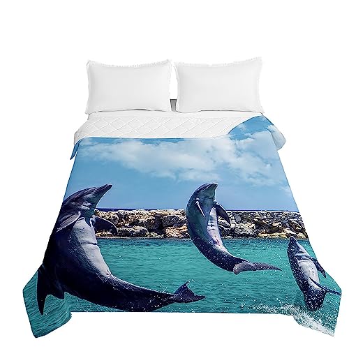 Odot Colcha Bouti de Verano, 3D Animales Estampado Suave Microfibra Multiusos Cubrecama Lavable Acolchada Edredón Manta para Cama de Infantil Individual Matrimonio (230x280cm,Delfines9)
