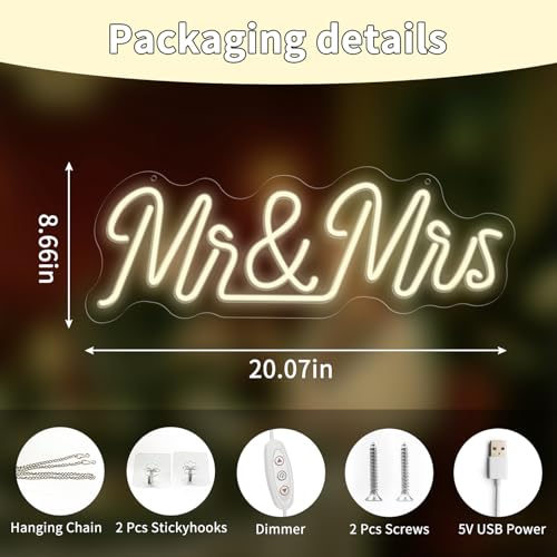 Mr and Mrs Wedding Neon Sign, 20.08 x 8.66 inch USB Powered Neon Signs with Dimmer LED Wedding Light Sign for Backdrop Wall Decor, Home Decorations for Anniversary Engagement Party Wall — view 3