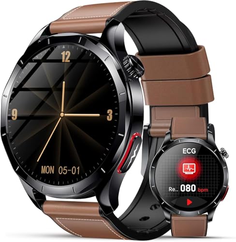 Lgnitek 2026 Neu Smartwatch Herren mit EKG/HRV/ΒΙυτｚυcker/BMI/Harnsäure, 1,43' AMOLED Gesundheitsuhr mit 24H ΒΙυtdrυck SpO2 Apnoe Schlafmonitor SOS-Notruf Fitnessuhr Android/iOS, Braun Lederarmband