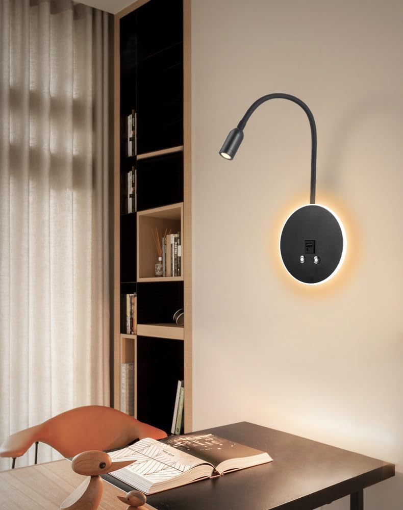 3W+6W LED Liseuse murale, Lampe De Chevet applique liseuse 3000k avec interrupteur tactile à variateur et recharge USB, Cygne Flexible applique lampe Chambre pour la chambre à coucher, Noir