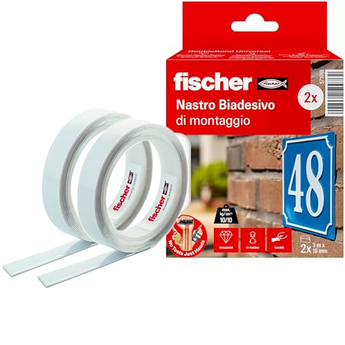 Fischer 2 Nastri Biadesivi Trasparenti 6 Metri Totali, Extra Forte, Fino a 300 kg per Rotolo, Interni/Esterni, per Fissaggio Specchi, Cornici, Teli, Zanzariere, Strappo Facile, NTJH, 571018