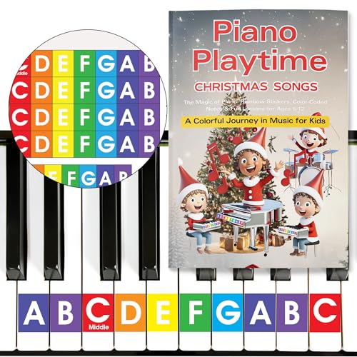QMG Piano Playtime Christmas Beginner Piano Book for Children and Rainbow Color Piano and Keyboard Stickers