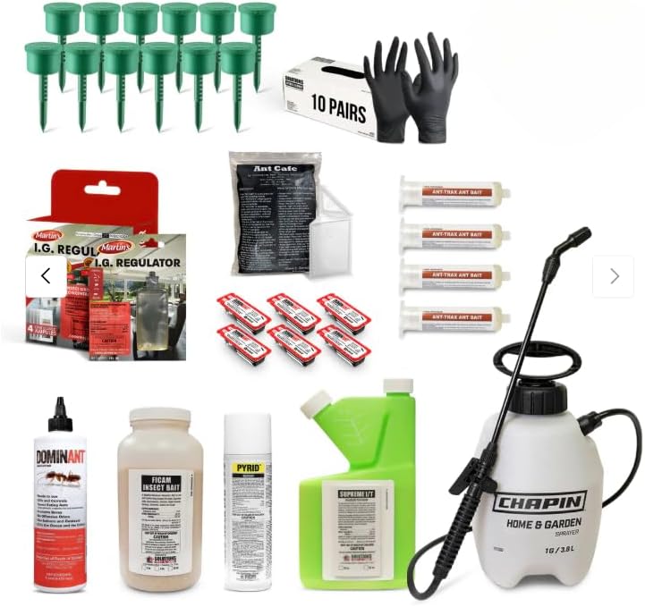 All-in-One Ant Control Kit – Indoor/Outdoor ant Treatment with bifenthrin, IGR, Gel & granular baits, Pyrethrin aerosol, Liquid Borate Bait, Stations, Sprayer & Gloves.