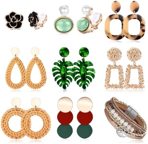Diamday 8 Pairs Clip on Drop Earrings for Women Bohemian Rattan Drop Dangle Earrings Lightweight Geometric Acrylic Hoop Earrings Non Piercied Clips Jewelry