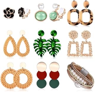 Diamday 8 Pairs Clip on Drop Earrings for Women Bohemian Rattan Drop Dangle Earrings Lightweight Geometric Acrylic Hoop Earrings Non Piercied Clips Jewelry