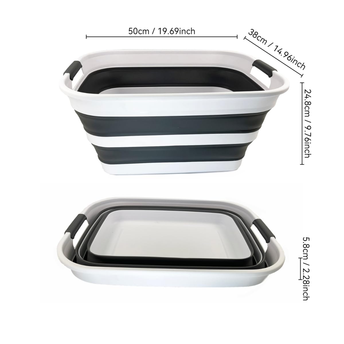 SAMMART Cesto portabiancheria pieghevole in plastica con manici a doppia impugnatura, 27 l, contenitore pieghevole pop up, vasca/cesto salvaspazio portatile (1, bianco/grigio acciaio)