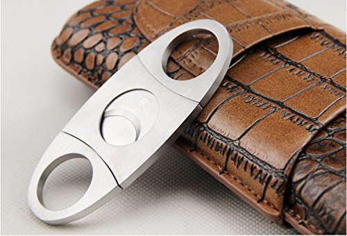 Brown Crocodile Embossed Leather 3 Ct Cigar Case w/Stainless Steel Cutter for Large Cigar