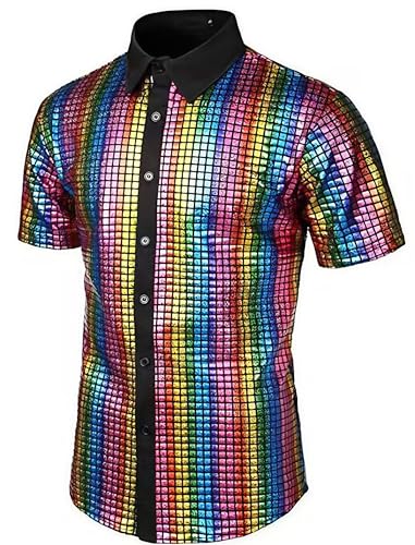 ABEHIK Herren Disco Hemd mit Pailletten 70er Kurzarm Party Kostm fr Mnner Rave Shirt Mottoparty Karneval bunt M