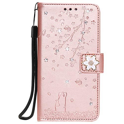 Preisvergleich Produktbild Homikon PU Leder Hülle Kirschblüte Katze Schutzhülle Brieftasche Ledertasche Glänzend Glitzer Strass Diamant Handyhülle Ständer Klapphülle Flip Case Kompatibel mit Huawei P Smart 2019 - Roségold