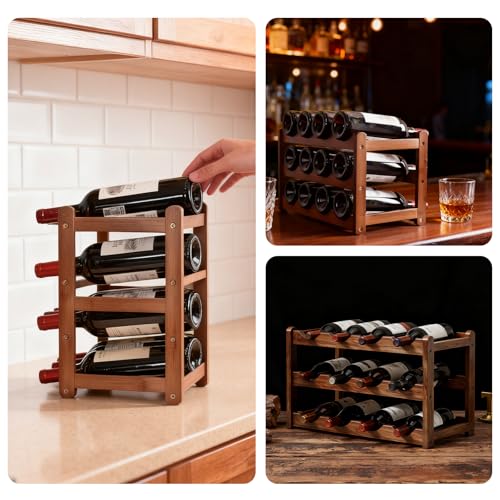 ORARTMM Three-tier wooden wine rack, bottle rack, stackable bottle rack for 12 bottles, dark surface, suitable for wine cabinets, kitchens, wine cellars and for storing glass bottles. - Image 5