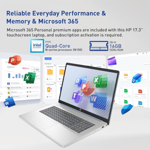 Image of HP 17.3 inch Touchscreen Laptop w /Microsoft 365, 8GB RAM, 128GB UFS | Webcam w / shutter, Fingerprint Reader, Backlit Keyboard, Microsoft Copilot Key, Intel Quad-Core CPU, Win11, Blue