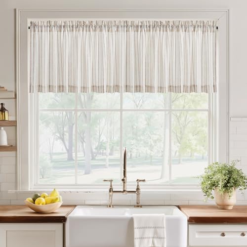 Visillo de lino premium texturado PONY DANCE, cortina corta elegante con pasabarra, beige 2