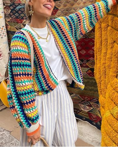 CORIRESHA Women's Rainbow Cardigan Open Front Long Sleeve Boho Crochet Colorful Striped Sweater3