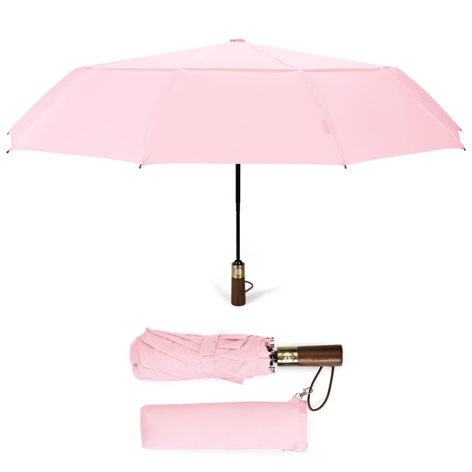 ECOHUBTravel Umbrella Windproof Strong With Compact Foldable, Automatic Open/Close, 10 Sturdy Ribs, Recycled PET Fabric, Wooden Handle & Ventilated Waterproof Canopy - Anti-Lost Sleeve, Pink