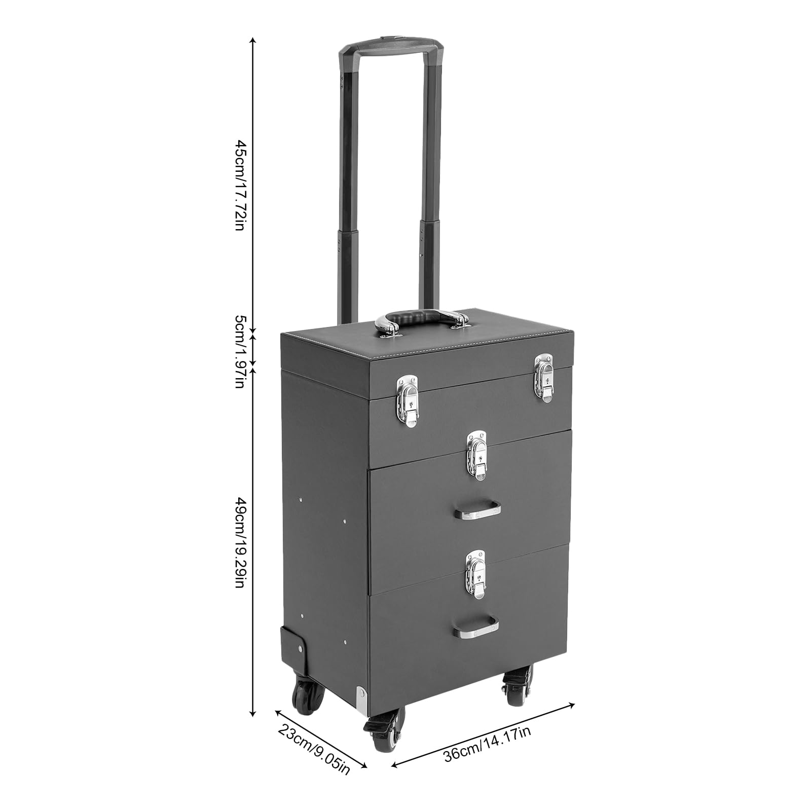 Rolling Makeup Train Case With Drawer Travel Cosmetic Box Make Up Train Storage Trolley Organizer Luggage W/ 4Universal Wheels For Makeup Artist Hairdresser Nail Artist Esthetician (Black)