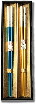 Premium Japanese Chopsticks Reusable 2prs Set [ Made in Japan ] Traditional Lacquer Art Wooden Chopsticks C Sakura Pearl BL/YE MK031