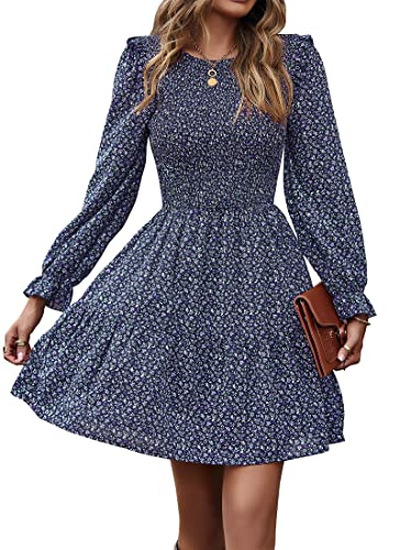 Image of KIRUNDO Long Sleeve Dress for Women 2025 Summer Fall Wedding Guest Smocked Floral Crewneck Ruffle A Line Flowy Mini Dress