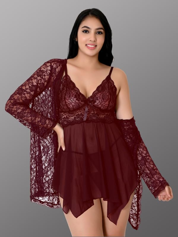 Image of Net Lace Spandex Women Babydoll Nightgown Honeymoon Lingerie Nighty