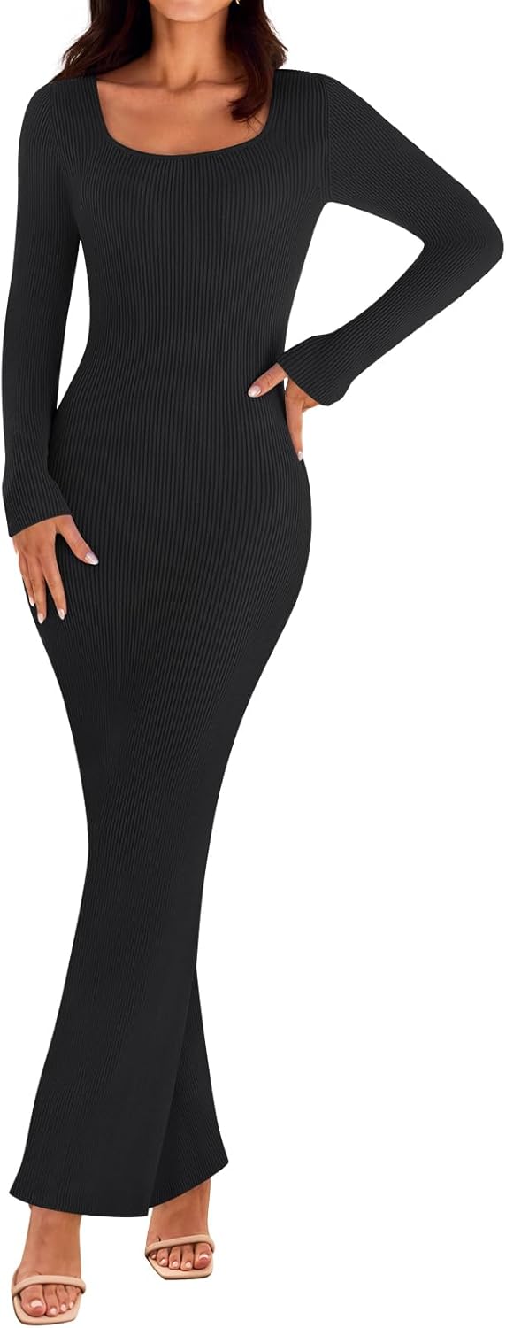 MEROKEETY Women's 2024 Fall Long Sleeve Sweater Dress Square Neck Ribbed Knit Bodycon Long Maxi Dresses Black Small