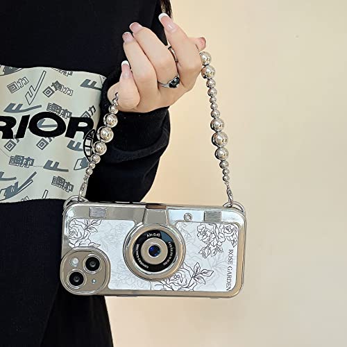 UnnFiko iPhone 14 Plus ケース カメラデザイン おしゃれ レトロ 3D ハードケース おもしろい 携帯保護カバー 6.1インチ アイフォン 11 ケース ネックストラップ付き (iPhone 14 Plus, パールチェーン ローズ)