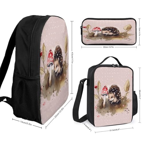 Printed Backpack With Lunch Pack Storage Box Case Hedgehog Watercolor Painting 3pcs Lightweight Travel Backpack2