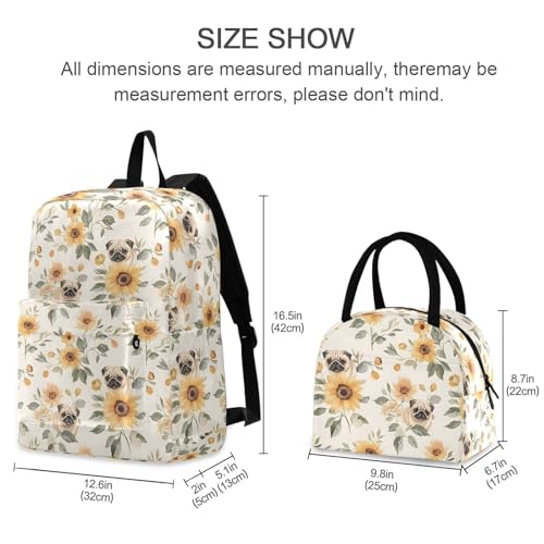 Floral Pug Print Backpack Set with Lunch Bag, Large Capacity Travel Backpacks and Lunch Box Insulated for Commute Hiking Picnic2