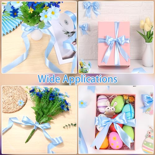 Image of woric Blue Ribbon 1 Inch 50 Yards Light Baby Blue Satin Ribbon Blue Hair Bows for Beach Wedding Balloon Wreaths Summer Party Decoration Baby Boy Shower Ribbons