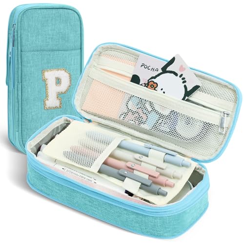 Image of Preppy Pencil Case for School Supplies, Large Initial Pencil Pouch with Zipper, Cute Pencil Bag for Office Supplies, Aesthetic Pen Case Box for Kids Teen Girls Women - P(Blue)