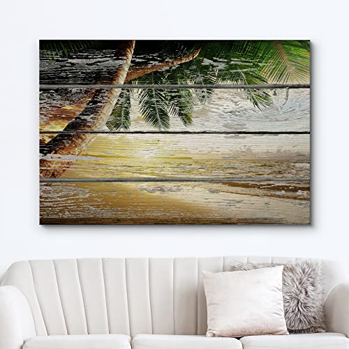 Wall26 - Canvas Prints Wall Art - Tropical Beach With Palm Tree On Vintage Wood Background - 32" X 48" #TOP1