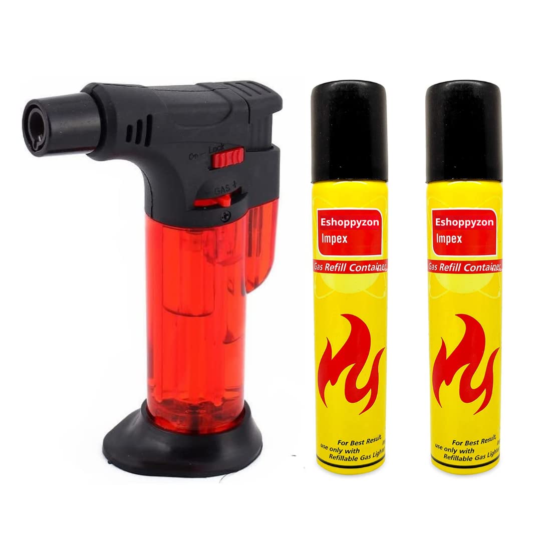 Eshoppyzon Jet Flame Gas Lighter Windproof Refillable Torch Lighter with Adjustable Flame for Outdoor and Indoor Use- Multicolour (Lighter + 2 Refill, Plastic)