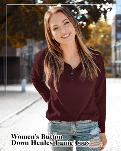 Image of AURUZA Long Sleeve Shirts for Women Henley Shirts Waffle Knit Tops Casual Loose V Neck Tunic Tops Fall Outfits Waffle TShirt