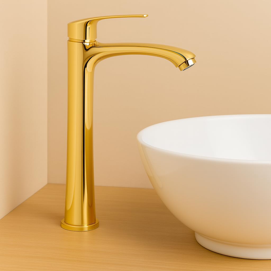 BASSINO Brass Table Top Wash Basin Tap/Stylish Extended Tall Body Pillar Cock/Single Liver Faucet for Smooth Operation/Long Pillar Cock- 12 inch (Golden Finish)-image-38