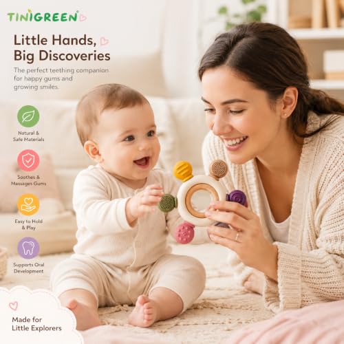Image of Silicone & Wooden Baby Teether for 0-12 Months