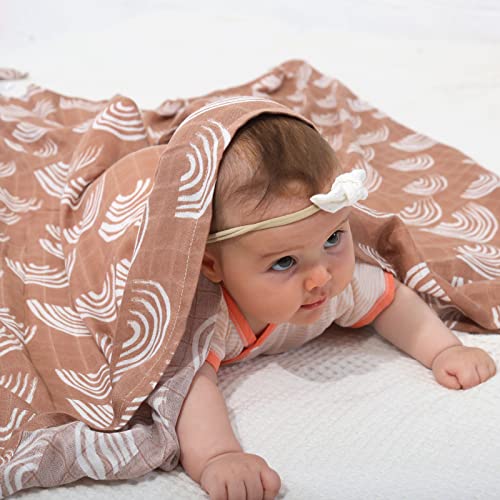 Image of BabyWhale Muslin Swaddle Blanket with Hat and Headband Bow, Boho Rainbow Pattern Swaddle Set for Baby Boys & Girls, Unisex Silky Soft Breathable Receiving Wrap, 47x47 inches, Brown