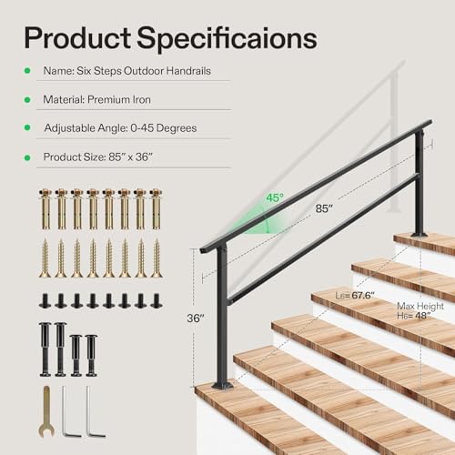 Image of VIVOSUN Outdoor Handrail, 6 Step Stair Handrail, 83 inch x 36 inch Fits 1 to 6 Steps, Wrought Mattle Iron Handrail for Concrete Steps, Porch Steps, One-Step Assembly, Black