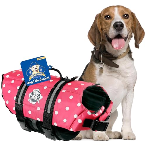 Paws Aboard Dog Life Jacket, Neoprene Dog Life Vest for Swimming and Boating - Pink Polka Dot