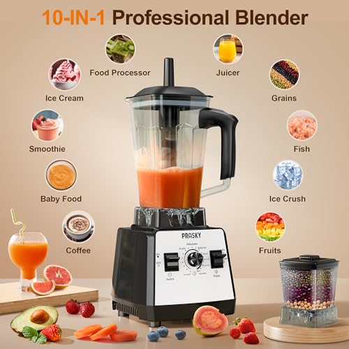 Image of Kitchen Blenders, Smoothies Blenders, PRASKY 1000W Blender and Grinder Combo 25000RPM Powerful Professional Blender 68oz BPA Free 2 Containers (White)