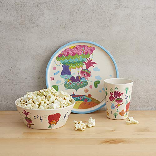 Image of Zak Designs DreamWorks Trolls World Tour Dinnerware Set for Kids Includes 8 inch Plate, 6 inch Bowl, and 10oz Tumbler, Durable and Sustainable Melamine Bamboo Material
