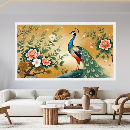 Art mural coloré paon pour salon : transformez votre pièce avec une affiche botanique rétro