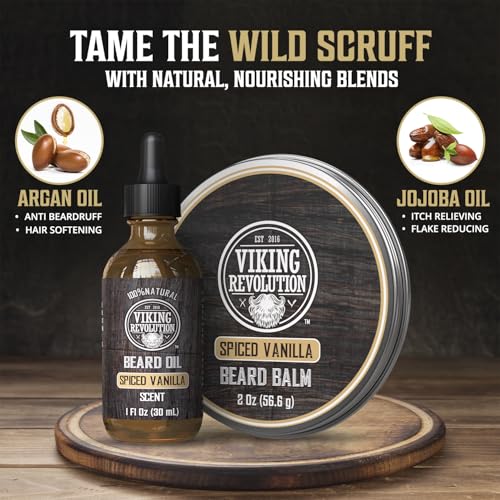 Image of Viking Revolution Beard Balm and Beard Oil Bundle - Spiced Vanilla | Includes 2oz Beard Balm & 1oz Beard Oil - Infused with Argan & Jojoba Oils - Deeply Moisturizes & Hydrates Dry Facial Hair