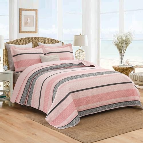 Image of Homzard Quilts Queen Size, Cotton Comforter Set, Light Pink and Grey Queen Bed Set, Lightweight Striped Bedding, Farmhouse Bedspread All Season 3 Pieces